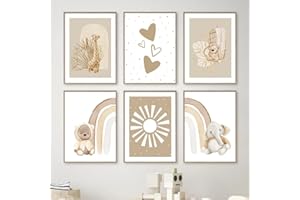 Youihom 6 Affiche Chambre Bebe Beige Poster Illustration Girafe Elephant Ourson Soleil Arc en Ciel Tableau Nordique Decoration Murale Garcon ou Fille A4 sans Cadre