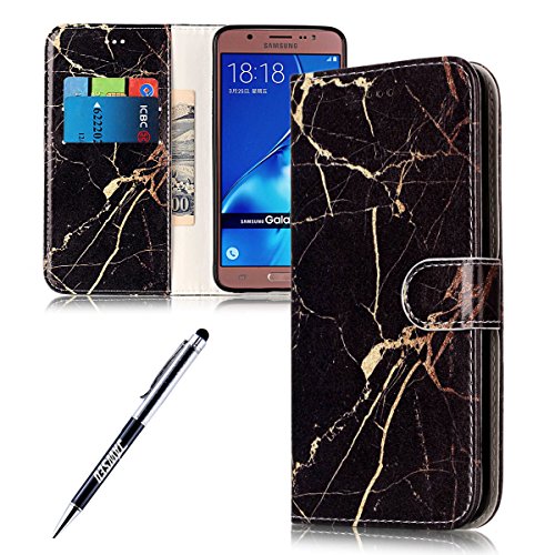 Case Samsung Galaxy J7 2016, Cover Samsung Galaxy J7 2016, JAWSEU Samsung Galaxy J7(2016) J710F Phone Case Luxury Marble Design Premium PU Leather Flip Cover for Samsung Galaxy SM-J710F Protector Bumper Skin with Soft Silicone Case Credit ID Card Slots Magnetic Closure Kickstand Strap Smartphone Shell Wallet Pouch Protective Case for Samsung Galaxy J7 2016 + Stylus Pen - Black Marble