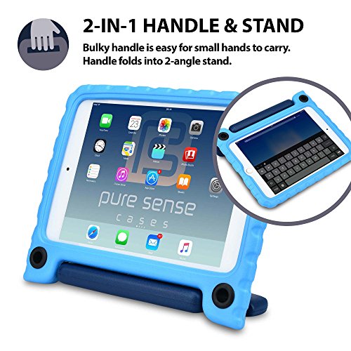 Apple iPad Air 1 Hülle für Kinder, PURE SENSE BUDDY robust antibakteriell keimfrei Schultergurt strapazierfähig Kinder widerstandsfähig stoßsicher Spielzeug Schutz tragbar Schutzhülle + Griff, Standfunktion, Displayschutz (Blau) - 5