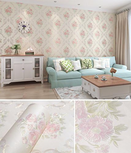Non-woven Peel and Stick Textured Damask Pattern Wallpaper Modern Floral Decorative Contact Paper Adhesive Film Wall Decal Mural 53 x 300 cm