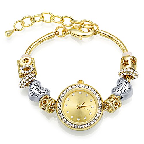 MANBARA Bracciale Orologio da Polso Braccialetto Charms per Donna Ragazza Swarovski Cristalli, Cuore con Scrittura La Migliore Amica, Oro Placcato, Cinturino Regolabile, Regalo per Natale Compleanni