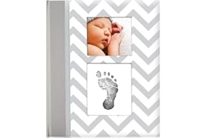 Pearhead First 5 Years Chevron Baby Memory Book with Included Clean-Touch Ink Pad to Create Baby's Handprint or Footprint, Keepsake Milestone Journal, Spanish Language, Grey