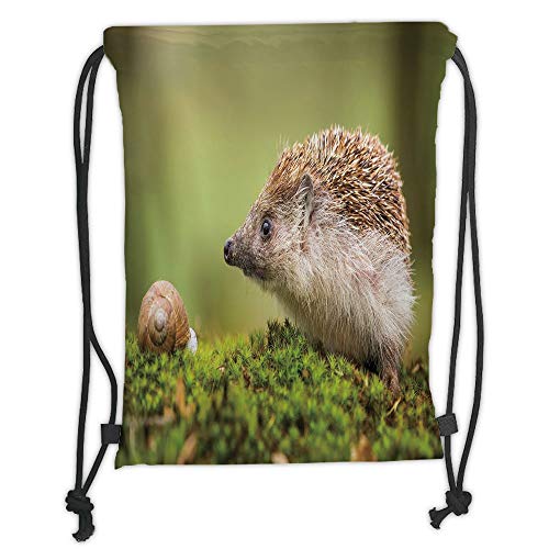 ZiJface Drawstring Backpacks Bags,Hedgehog,Animal Photography in Eastern Europe Slug with Hedgehog Scenes from Nature Print Decorative,Green Brown Soft Satin,5 Liter Capacity,Adjustable St