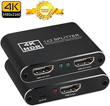 HDMI Splitter 1 in 2 Out 4K*2K Active Amplifier Support Full 3D HD 3840 x 2160 P 1x2 HDMI Switch Converter Adapter with HDMI Cable and USB Cable for Mac PC HDTV Blue-Ray Play DVD DVR Xbox PS3 PS4