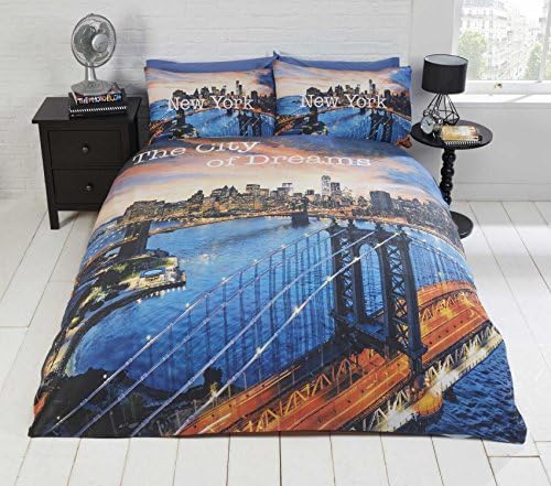 New York City New Photographic City of Dreams Quilt Duvet Cover and 2 Pillowcase Bedding Set, Polyester-Cotton, Blue, King