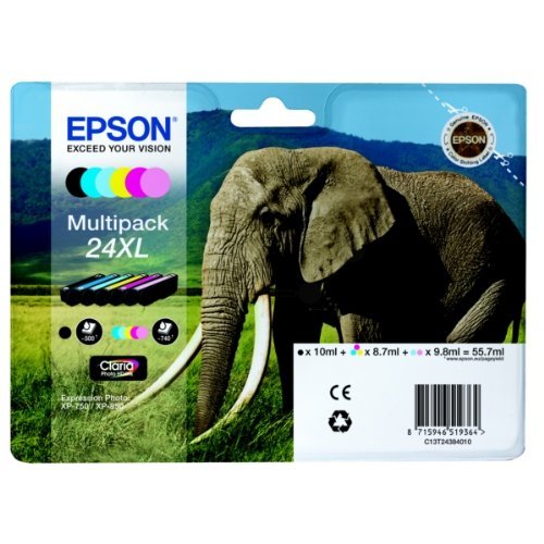 Encre d'origine EPSON Multipack Eléphant T2438 : cartouches Noir XL, Cyan XL, Magenta XL, Jaune XL, Cyan clair XL, Magenta clair XL [Emballage « Déballer sans s'énerver par Amazon »]