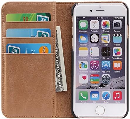 Genuine Leather Wallet Case,Flip Folio Book Cover Magnetic Closure with Stand Function,Card Slots and ID card Holder for Apple iPhone6/6S Brown