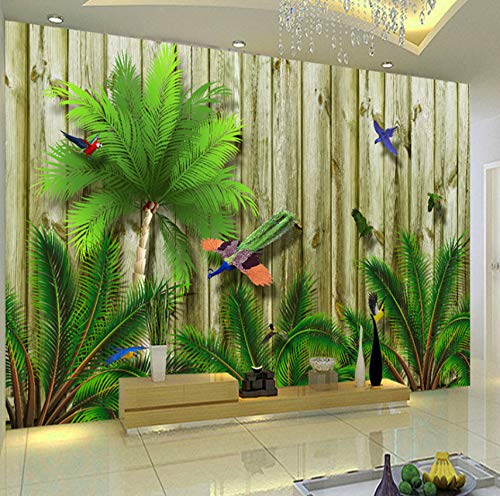 Large Wall Painting Tropical Bird Forest Southeast Asia 3D Wood Board Wood Grain Wall Mural Wallpaper Living Room Sofa,430X300Cm(169.29X118.11 in)
