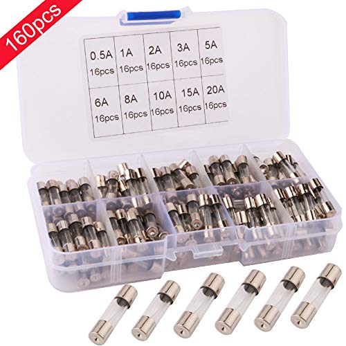 RUNCCI 160Pcs Fusibles de Tubo de Vidrio de Coche,Kit de fusibles de tubo de vidrio de soplado rápido,250 V 5x20mm Fusible de Tubo de Vidrio (0.5A 1A 2A 3A 5A 6A 8A 10A 15A 20A)