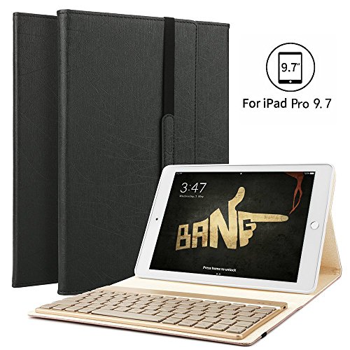 Boriyuan Ipad Pro 9.7 Bluetooth Tastatur Hülle Case Keyboard , PU Leder Tasche Smart Cover mit Tastatur (Deutsch Qwertz , aus Alu, abnehmbar ) für Ipad Pro 9,7 Zoll, unterstützten 7 farbige Hintergrundbeleuchtung /Standfunktion / Auto Wake up Sleep (Farbe: Schwarz)