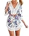 Produktbild Damen Kimono Weinlese 3/4 Hülsen V-Ausschnitt hohle Spitze Stitching kurzes Kleid Sommerkleid Frauen Boho Geometrie Printed Lose Bluse StrandkleidDarin nicht enthalten Gürtel