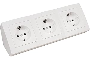 Bloque de bases de enchufe MC POWER | Flair | Bases de enchufe de 3 vías con contacto de puesta a tierra, cable de 15cm con terminal de lustre, 250V/ 16A, montaje en superficie, blanco mate