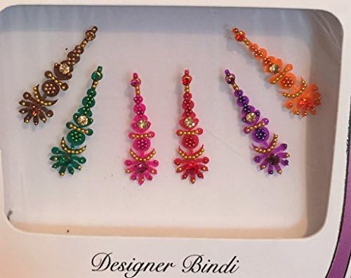 BDS47_Mul: Mehya's Designer Pack of 6 Multi-Coloured and Bindis with silver and gold crystal, gold pearl beads and gold threading Bindis, Chandla, Tattoo, Body Art, Decor, Card Marking, Bollywood