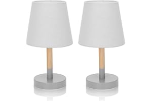 Aigostar 2 Piezas Lámpara de Mesa, Lámpara de Mesita de Noche Pequeña de Madera Moderna, lámpara de Noche con Tulipa de Tela Gris y Base de Metal, Portalámparas E14, Decorativa y Vintage