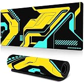 McStorey 90x40 cm Mouse Pad, Cyber Sarı Turkuaz Desenli B&uuml;y&uuml;k Mouse Pad, Kaymaz Kau&ccedil;uk Tabanlı, Dikişli Kenarlı 3 mm Klavye v