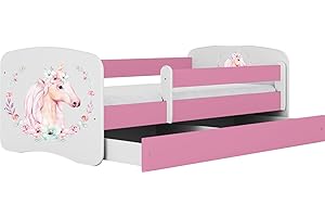 WFL GROUP Letto Rosa per Bambini con Materasso Incluso 70x140 80x160 80x180 cm Letto Bambini con Barriera di Protezione, Doghe e Cassetto removibile - Per Bambino e Bambina - Cavallo - Unicorno - 180x80