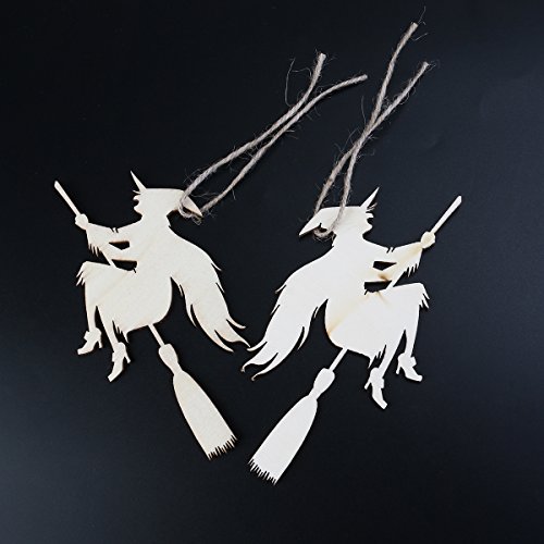 NUOLUX Halloween Deko, 10pcs hölzernen Verzierungen mit String Halloween Deko Hexe auf dem Besen-Muster-Anhänger - 5
