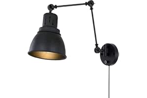 BOBOPAI Lampada da Parete Vintage con Interruttore e Spina, Applique da Parete Regolabile Industriale E27, Lampada da Comodino Girevole Nera Retrò, Luce da Parete per Interni Soggiorno, Camera da Letto