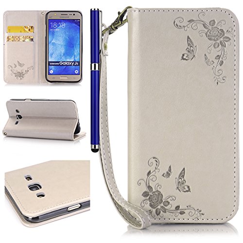 FESELE Rose Blume Schutzhülle für [Samsung Galaxy J5 2015] Brieftasche Hülle Leder Tasche Flip Case Handyhülle mit Standfunktion und Magnetverschluss Muster, Samsung Galaxy J5 2015 Schmetterling Butterfly Rose Flower Strap Bookstyle Retro Flip Hülle Wallet Cover Kartenfach Ledertasche Leder-Mappen-Karten-Slot-Abdeckung für Samsung Galaxy J5 2015 + Blau Eingabestift Stylus Touch Pen-Grau