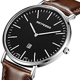 BETFEEDO Herren-Armbanduhr, ultradünn, Quarz, analog, Datumsanzeige, mit schwarzem Lederband