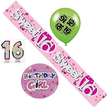 16th Birthday Girl Party Pack Banner, Balloons, Number Candles, Mega Badge