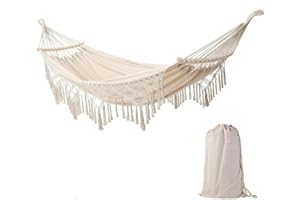 Luminexia Hamacas Dobles,Hamaca Macramé,Las Tiras de Madera Son Desmontables,la Capacidad de Carga máxima es de 200 kg Tejido de Lona Duradero Estilo Bohemio,Adecuado para Exteriores,Jardines,Patios