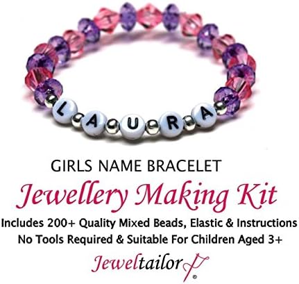 JEWELTAILOR Girls Name Bracelet Jewellery Making Kit With 200+ Quality Mixed Beads, Elastic, Instructions + FREE Gift Bag (Perfect For Parties, Indoor Craft Activities & Gifts)