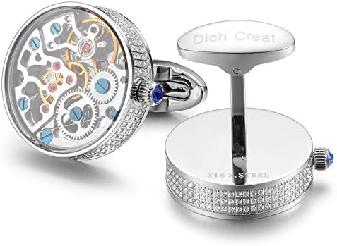 Dich Creat Rhodium Plated Hand Made Inlay Jewels Working Watch Movement Cufflinks covered with Glass