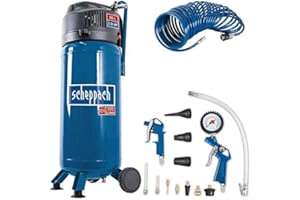 ‎SCHEPPACH Scheppach Kompressor HC51V (1500W, 50 L, 10 bar, Ansaugleistung 220 l/min, Druckminderer, ölfrei, stehende platzsparende Bauweise) - inkl. 13 tlg. Druckluft-Werkzeug-Set + 8m Spiralschlauch