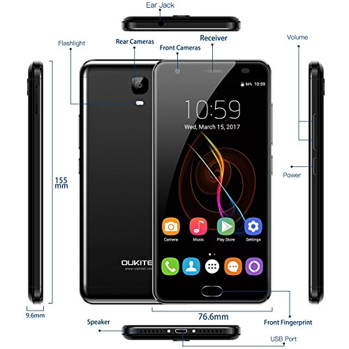 OUKITEL K6000 PLUS 2017 Android 7.0 4G-LTE Dual Sim Smartphone ohne Vertrag (5,5 Zoll FHD Bildschirm, 64GB ROM+ 4GB RAM, MTK6750T Octa Core 1.5GHz, 16MP+8MP Dualkamera, 6080mAh Quick Charge)