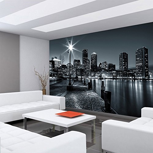 Vlies Fototapete 400×280 cm PREMIUM PLUS Wand Foto Tapete Wand Bild Vliestapete – New York Tapete Laterne Nacht Skyline Lichter Fluss schwarz – weiß – no. 843 - 6