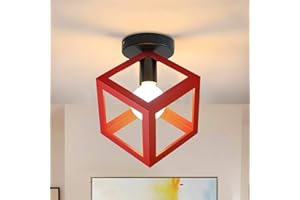 iDEGU Plafonnier Luminaire Moderne Lustre Forme Cage Lampe de Plafon Vintage Abat-jour de Style Géométrique en Métal E27 Éclairage pour Chambre Salon Restaurant, Forme de Cube,16CM, Rouge