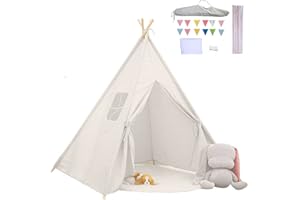 SNEWVIE Kids Teepee Play Tent with Pocket And Flag, Foldable Children Indian Wigwam Playhouse Tent for Boys and Girls, Children's Teepee Tent, Tipi Tent for Indoor and Outdoor Game (Vintage White)