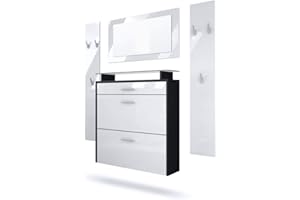 Vladon Malea Hallway Storage Set, Hallway Set with 1 Wall-Mounted Shoe Cabinet, 1 Wall-Mounted Mirror and 2 Coat Rack Panels, Black matt/White High Gloss