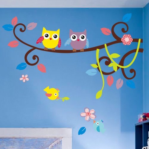 Farbig Wandtattoo Kinderzimmer Tür Festern Dekor bunt Eulen Baum entfernbar Wandstickers. QT35 - 4