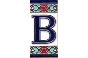 TORO DEL ORO Números para casas. Números y Letras en cerámica esmaltada, Pintados a Mano con la técnica de la cuerda seca. Nombres y direcciones. Modelo Mini Flor Azul 3,5 cms x 7,5 cms (Letra "B")