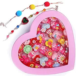 Ziggle Aizelx kids girls finger rings and Bracelet for birthday gifts comes in pink heart shape box .Suitable for age 2-11 yrs (Multicolour)