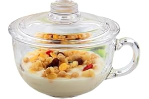 Kityemo Taza de vidrio para desayuno con tapa y cuchara, resistente al calor para café, té, leche, bebidas, avena y yogur - capacidad de 550 ml.