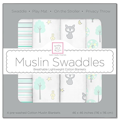 SwaddleDesigns X-Large Cotton Muslin Swaddle Blankets, Green Woodland, Set of 4