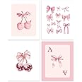 GOMAKERER Pink Bow Coquette Wall Art Prints Set of 4, Preppy Coquette Room Decor Aesthetic Pink Bow Cherry Wall Decor Posters for Bedroom Bathroom Dorm - 20.5x25.4cm (Unframed)