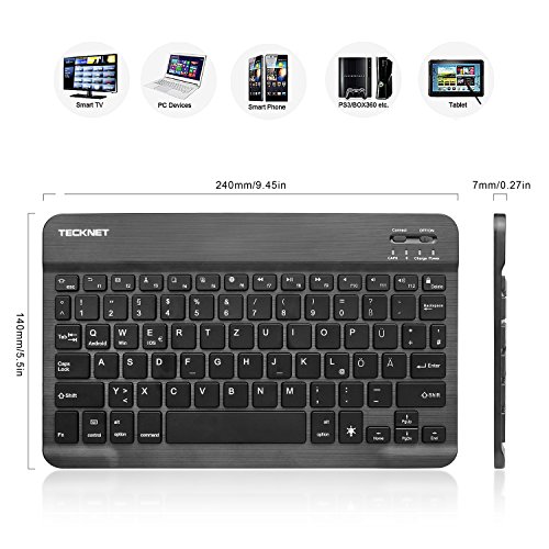 TeckNet Ultra Slim (4mm) Bluetooth Illuminated Tastatur Keyboard (QWERTZ, Deutsches Tastaturlayout) Für iOS, Android, Windows und Mac mit wiederaufladbarem 6-Monate-Laufzeit-Akku - 3