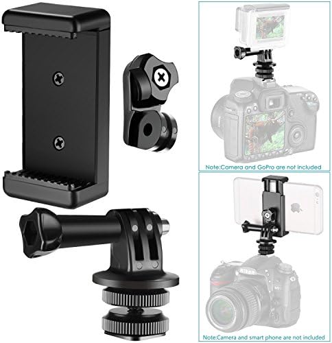 Feelones 3-in-1 Hot Shoe Mount Adapter Kit - includes Hot Shoe Mount, GoPro Adapter and Universal Phone Holder for Attaching Phone or GoPro Hero on DSLR