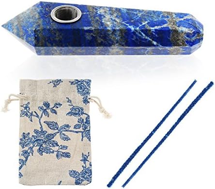 REANICE PIPE Six Prismatic Natural Lapis Lazuli Crystal Quartz Pipe Length 11cm Blue + tobacco bag/2 cotton swabs