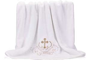 LACOFIA Christening Towel Unisex Baby Christening Blanket, White with Gold Embroidery Cross, Personalised Gifts for Boys or Girls, Full Bath Towel Size 150 x 75 cm