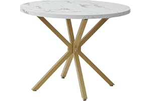 GrandCA HOME Table de Salle à Manger Ronde avec Plateau Effet Marbre Moderne, Table de Cuisine avec Quatre Pieds en Métal, pour Salle à Manger, Salon,Blanc + GDL