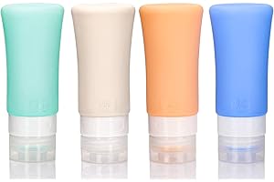 UERVOTON Set di 4 bottiglie da viaggio in silicone, senza BPA, riutilizzabili,a prova di perdite 90 ml, con etichetta e borsa trasparente per il trasporto per shampoo, sapone e articoli da toeletta