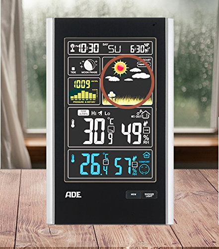 ADE Wetterstation WS 1600 mit Funk und Außensensor – digitale profi Funkwetterstation in schwarz – präzise Vorhersage der Innen- und Außen-Temperatur – mit großem Farb-Display, USB-Port und 1 Sensoren - 7