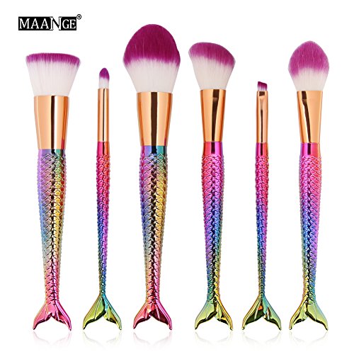 6 Pcs Mermaid Makeup Brush Set Synthetic Kabuki Foundation Blending Blush Eyeliner Face Powder Brush Makeup Brush Kit Beauty Cosmetic Tools (Colorful)