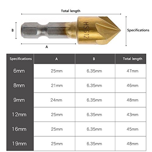 Raysen 6 Stk. 1/4 “ Sechskant Schaft HSS 5 Flöte Senkbohrer Set 90 Grad für Holz Schnellwechsel Bit 6mm-19mm - 2