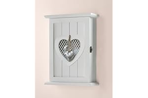 ‎DEKOLEIDENSCHAFT Dekoleidenschaft Schlüsselkasten Silver Heart aus Holz, weiß, im Landhaus-Stil, Schlüsselschrank, Hängeschrank